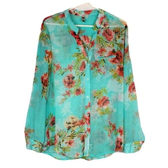 KUT From The Kloth Women's Blue Floral Long Sleeve Chiffon Blouse Size Medium - Picture 2 of 10